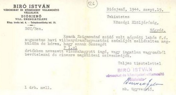 Kohnné be nem fizetett villanyszámlája 1944-ből